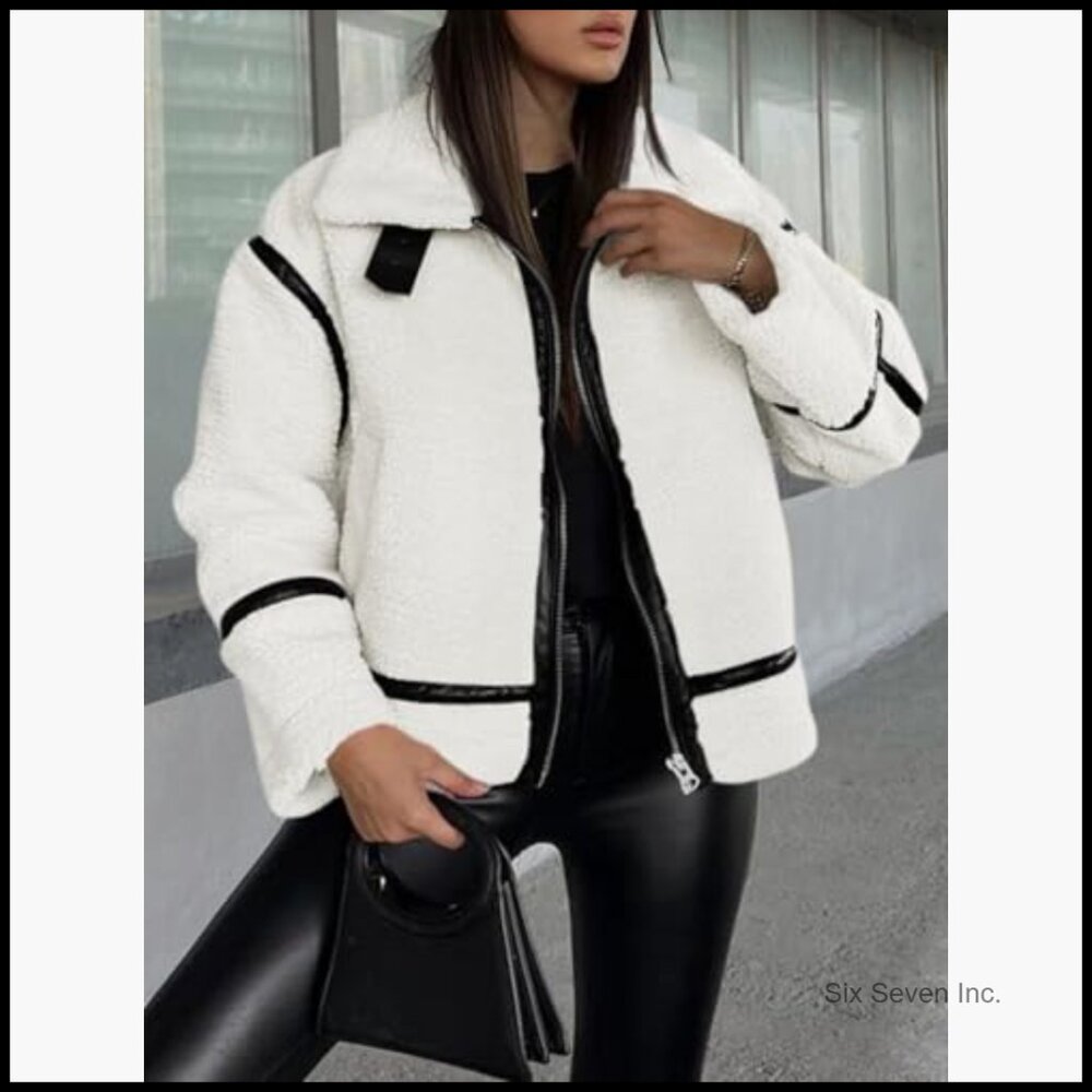 Faux Fur Jacket with Leather Patchwork Zip Up Coat - image 5